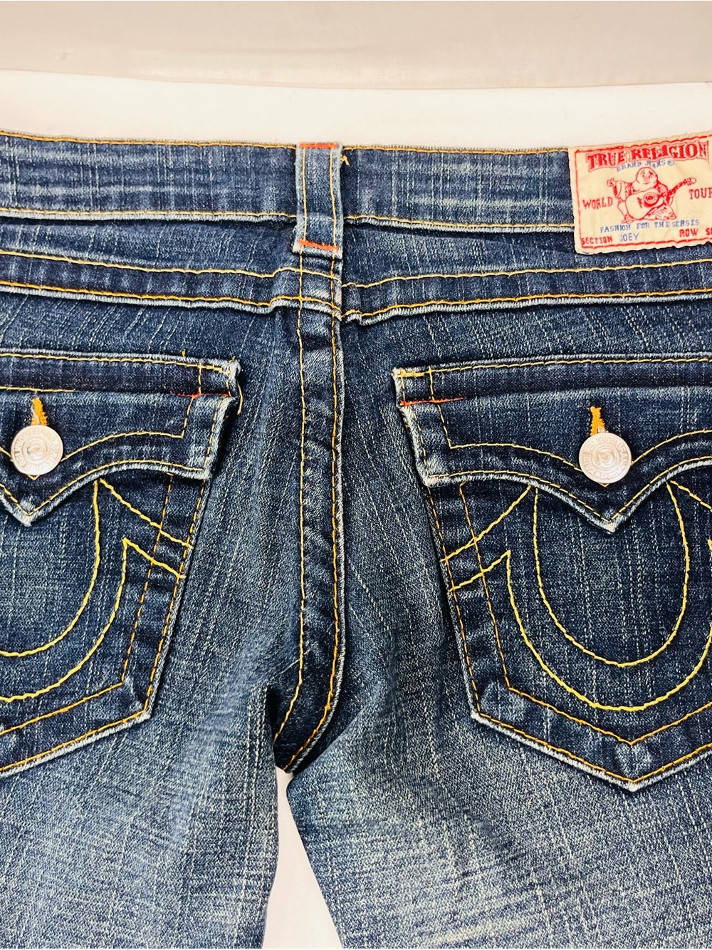 True Religion Women's Blue Bootcut Jeans with Yellow Stitching